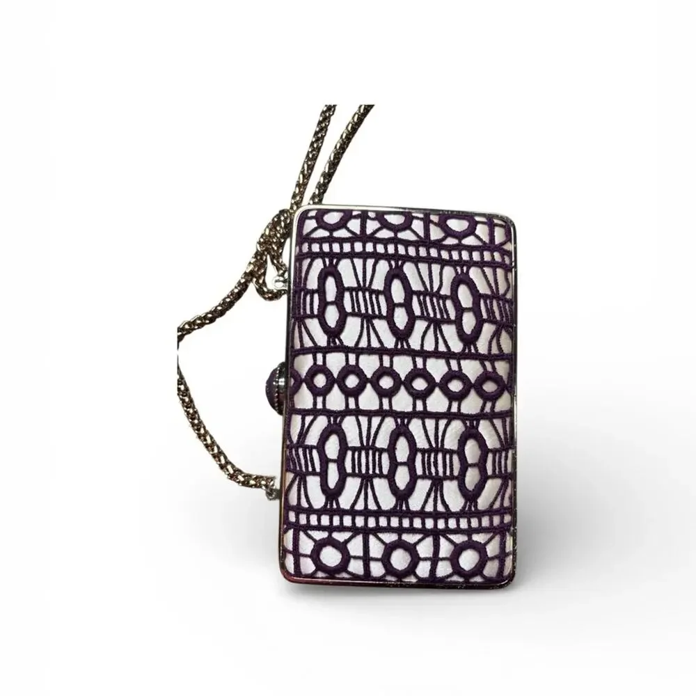 Tory Burch Gold & Plum Crochet Clutch with Gold Chain - Navy Interior